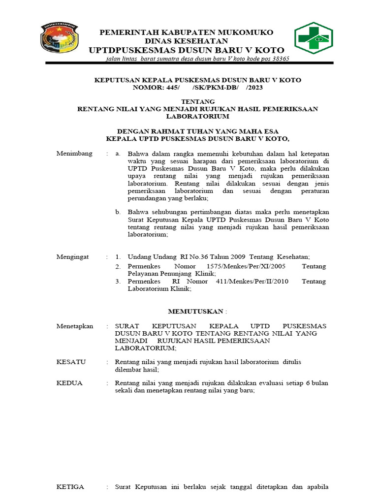 SK Rentang Nilai Normal Laboratorium | PDF