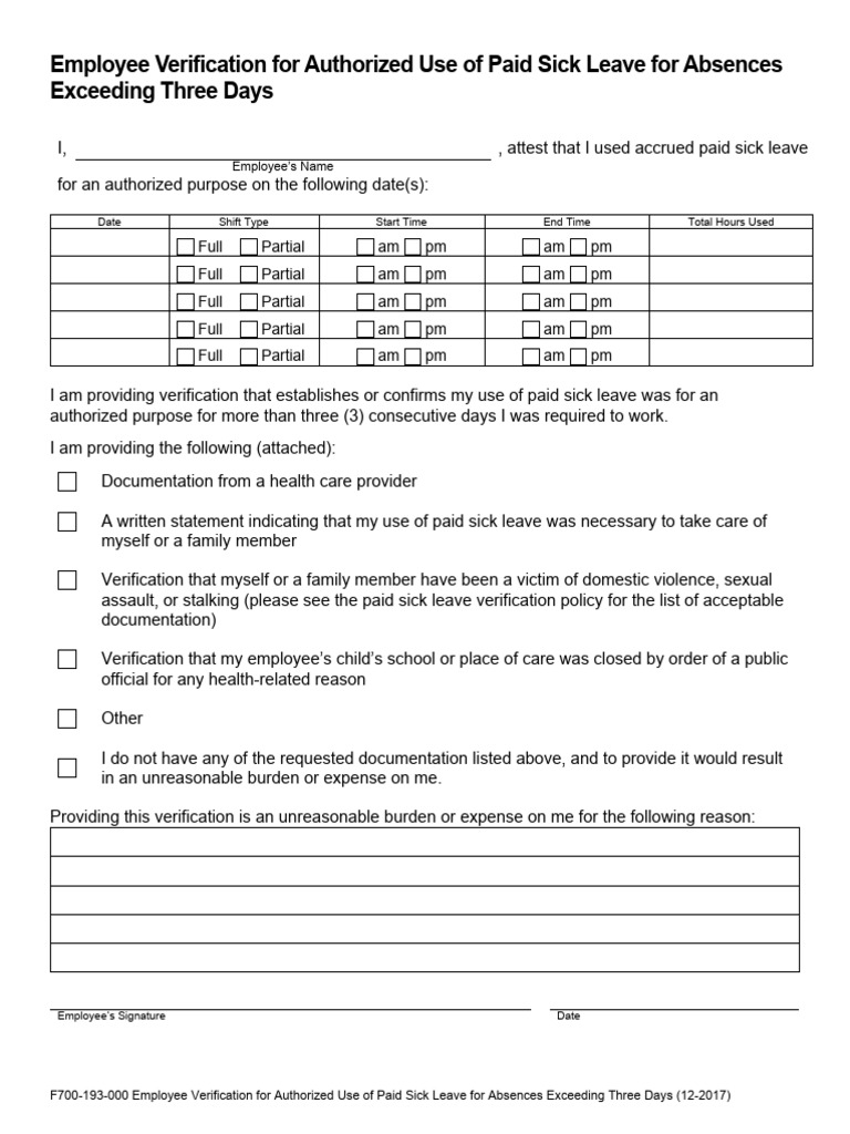 Employee verification authorized use paid sick leave absences exceeding