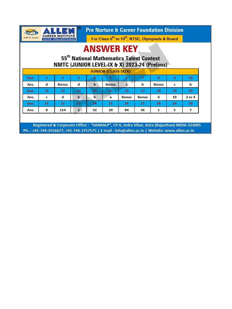 NMTC 2023-24 Junior Answer Key | PDF