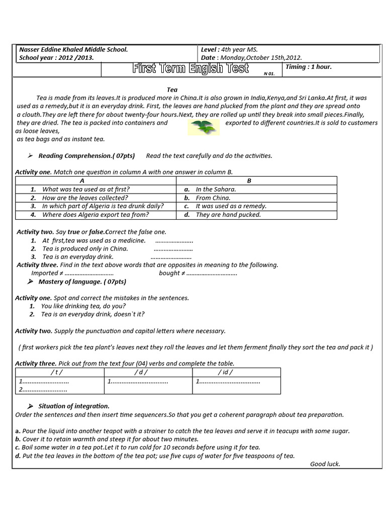 Tea Preparation and Comprehension Test | PDF | Tea | Hot Drinks