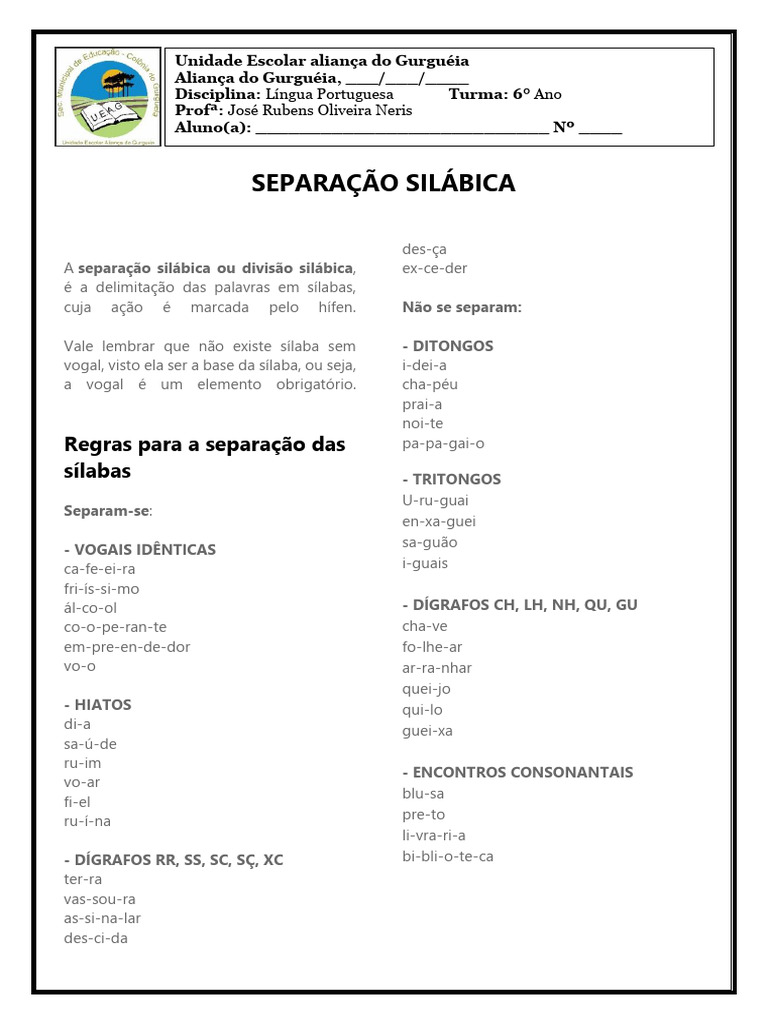 Português 6º Ano - Separação Silábica | PDF
