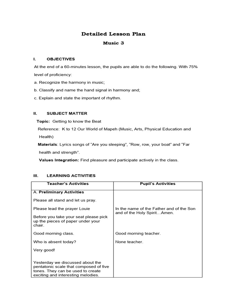 Detailed Lesson Plan Music PDF