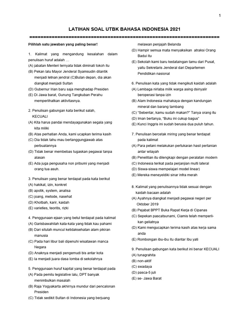 Latihan Soal UTBK Bahasa Indonesia 2021 | PDF