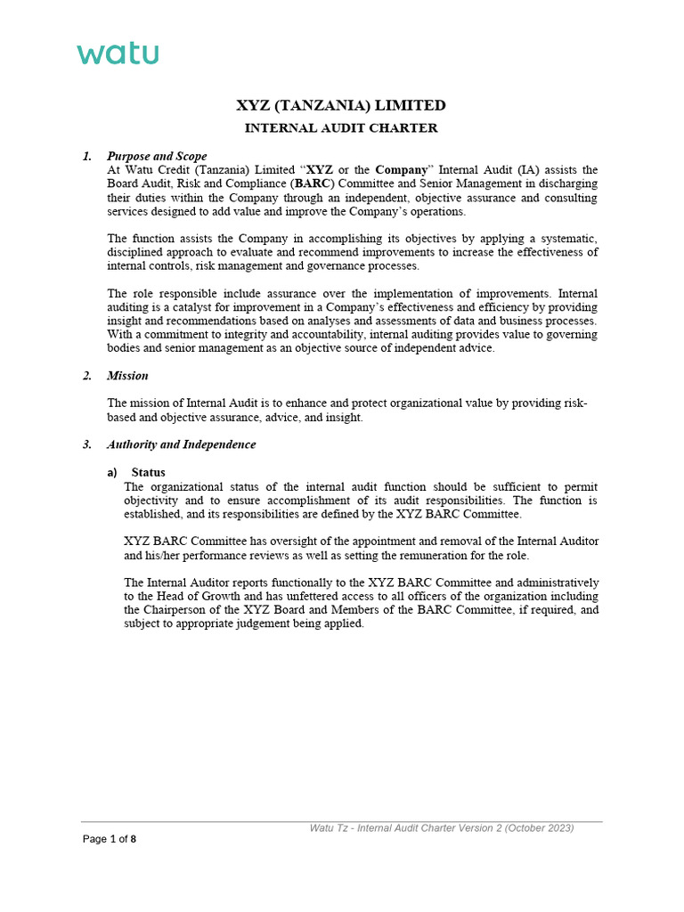 Watu Credit Internal Audit Charter 2023 | PDF | Internal Audit | Audit