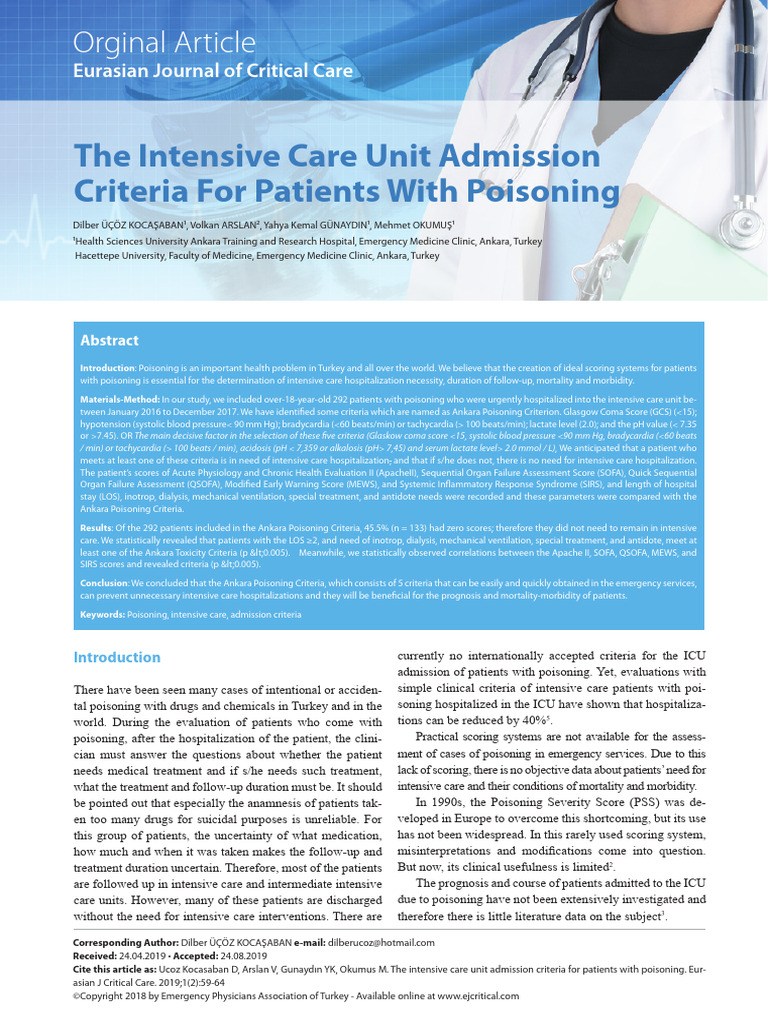 The Intensive Care Unit Admission Criteria For Patients With Poisoning ...