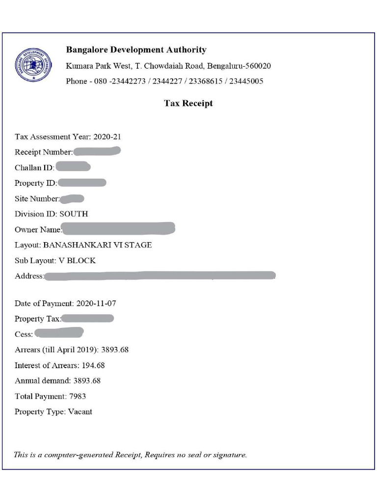 BDA Tax Receipt 1 | PDF