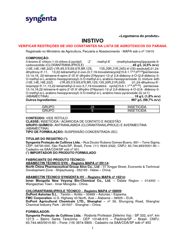 Bula Inseticida Instivo (Syngenta) | PDF | Inseticida | Agricultura