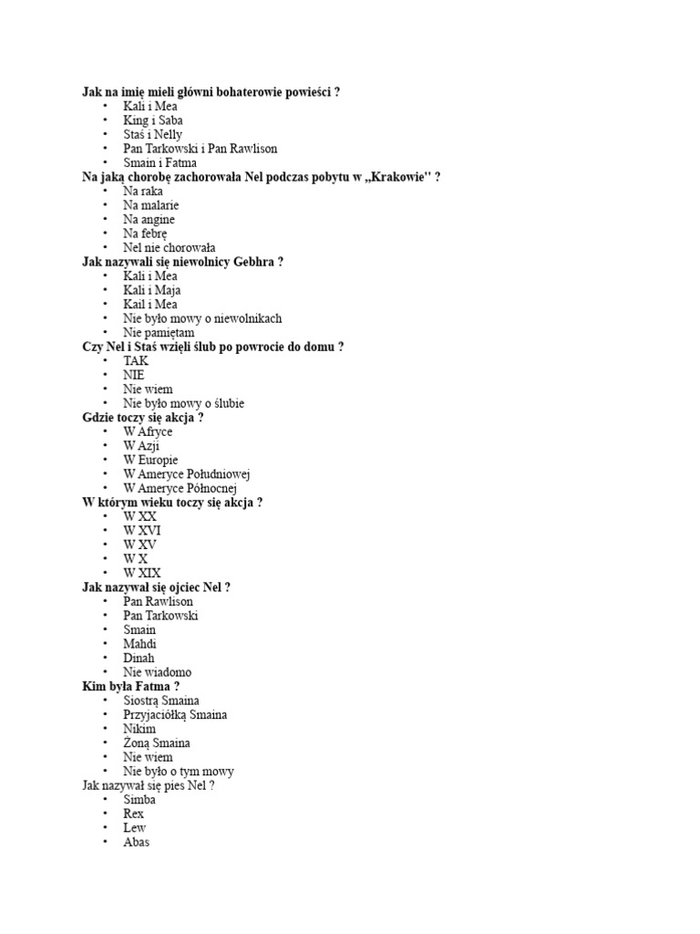 W Pustyni Iw Puszczy Test W Pustyni i w Puszczy H Sienkiewicz Test 1 | PDF
