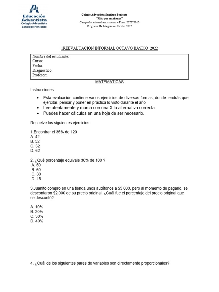 Evaluación Matemática Octavo Básico 2022 | PDF | Porcentaje