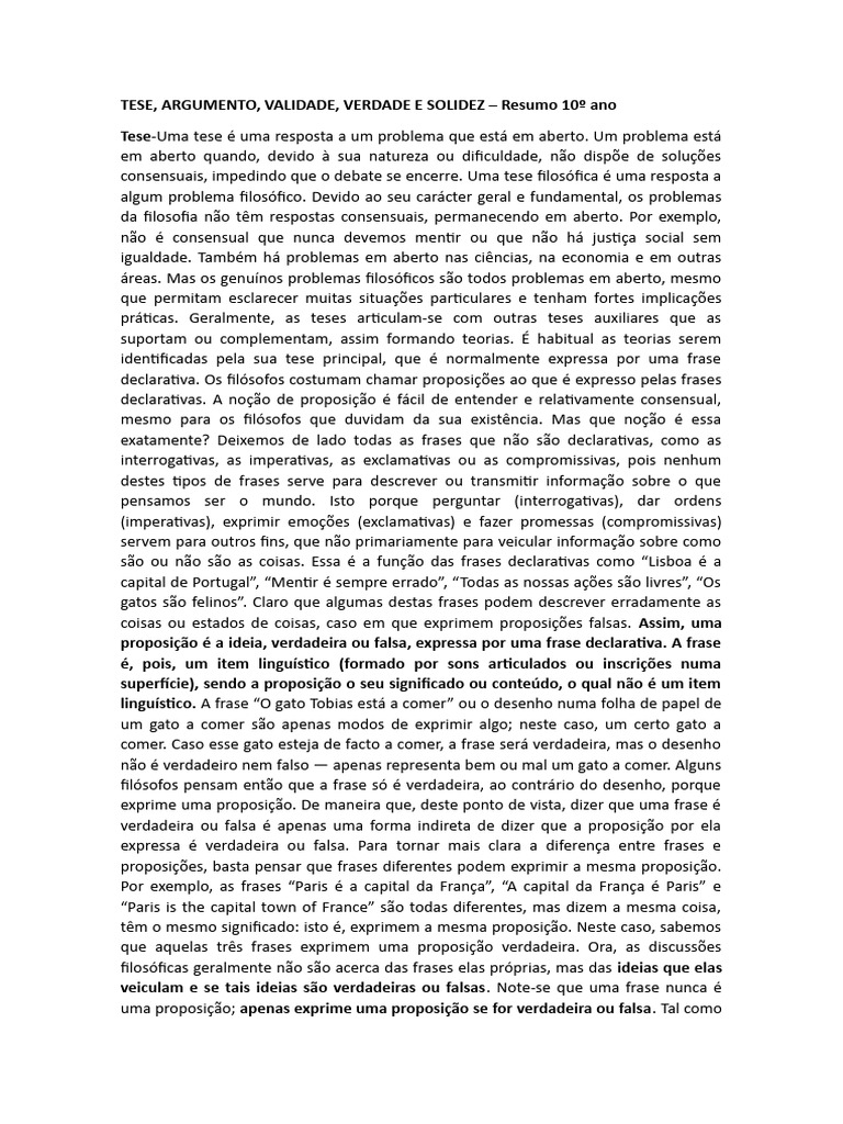 Tese argumento validade verdade e solidez resumo 10 ano pdf