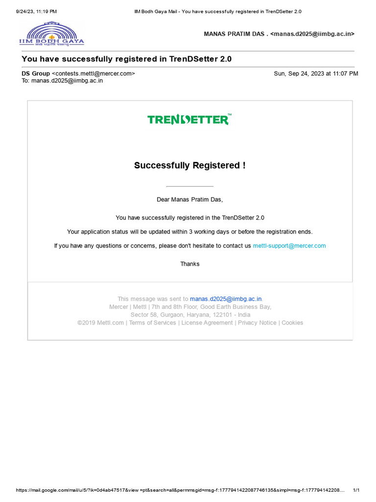 Iim Bodh Gaya Mail You Have Successfully Registered In Trendsetter 2