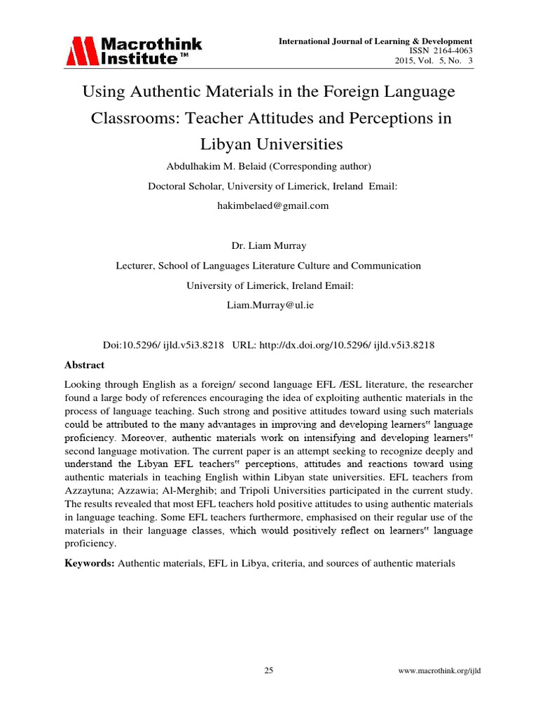 Teacher Attitudes on Authentic Materials | PDF | Language Arts & Discipline