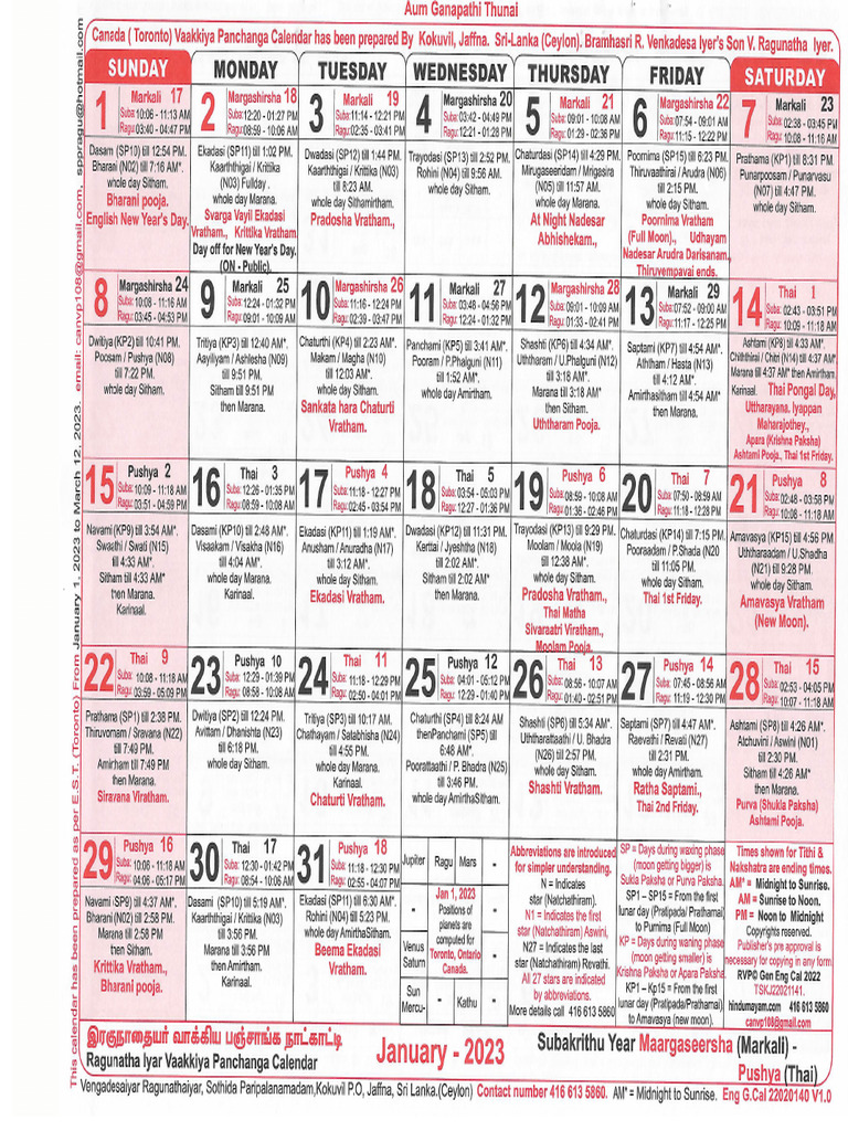 2023 Calendar Panchangam English PDF