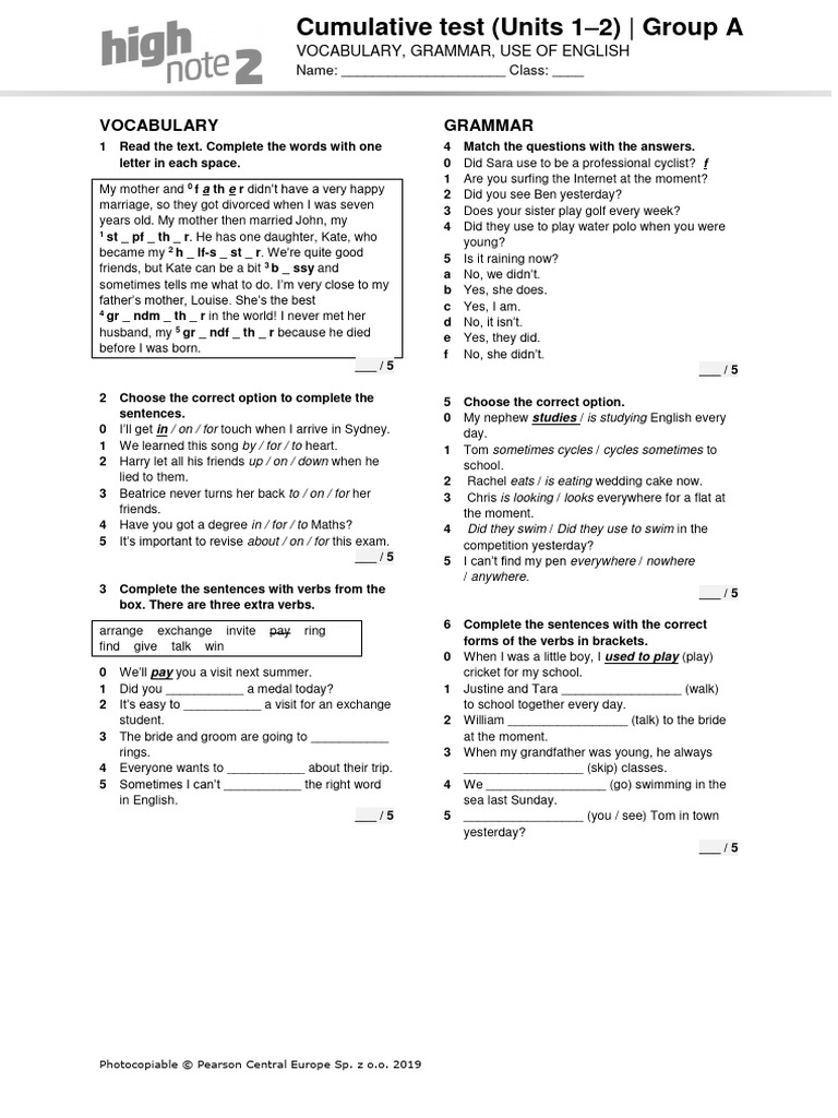 HighNote2 U1-2 Cumulative Test A | PDF