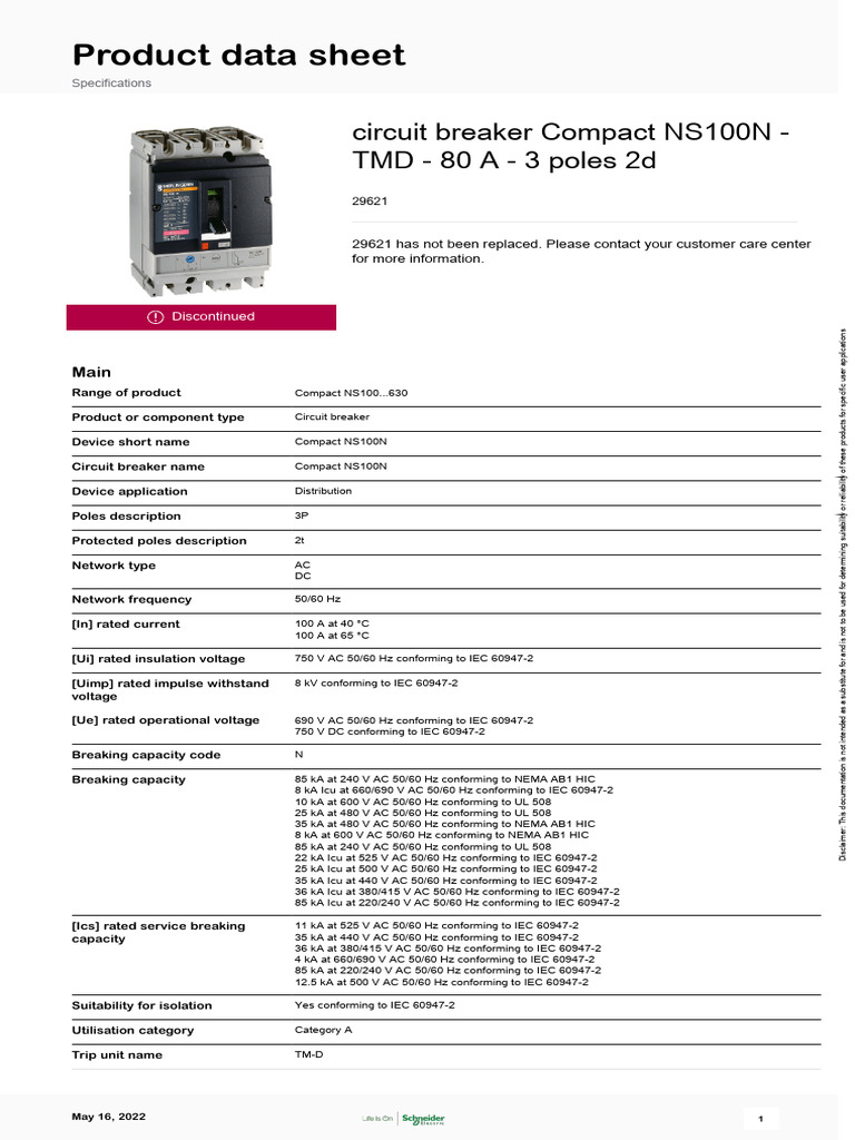 Compact NS100N Circuit Breaker Data Sheet | PDF | Science & Mathematics ...