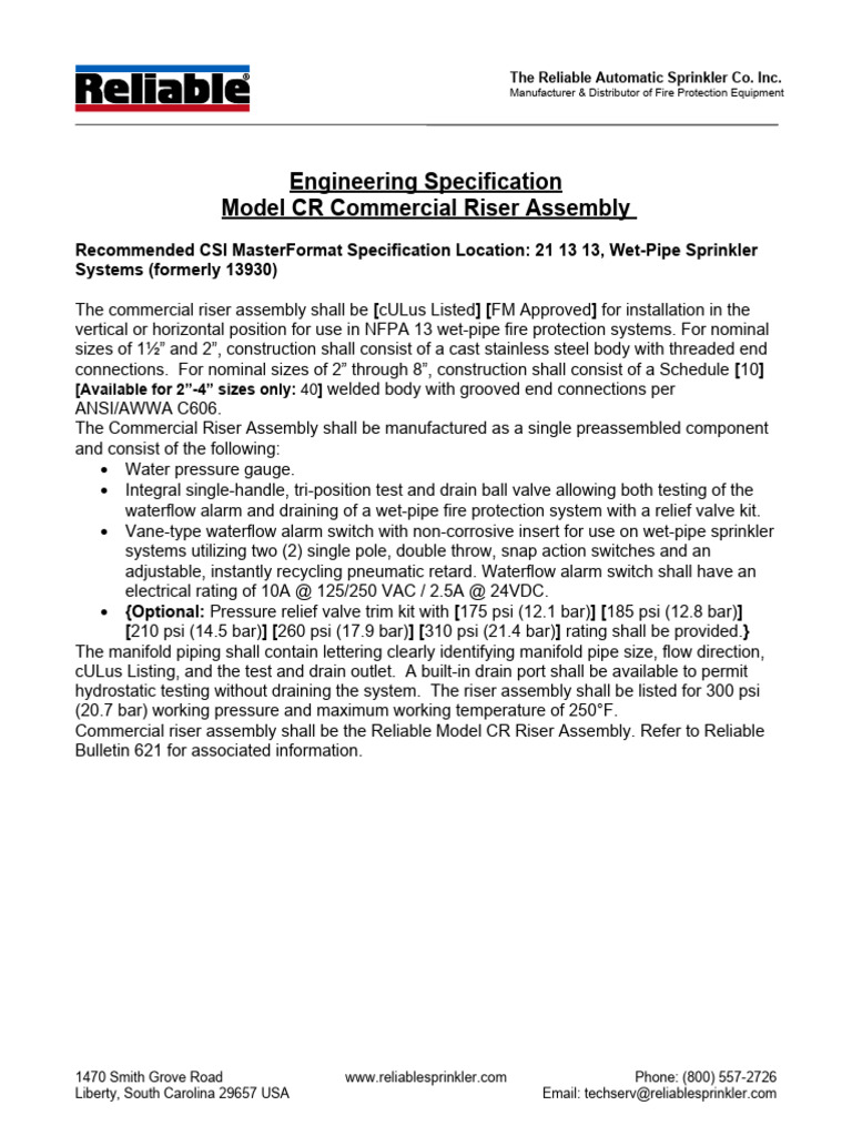 Model CR Commercial Riser Assembly Specification PDF