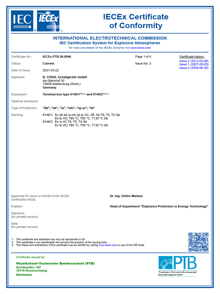 IECEx PTB 06.0046 Terminal Box Certificate | PDF | Electrical ...