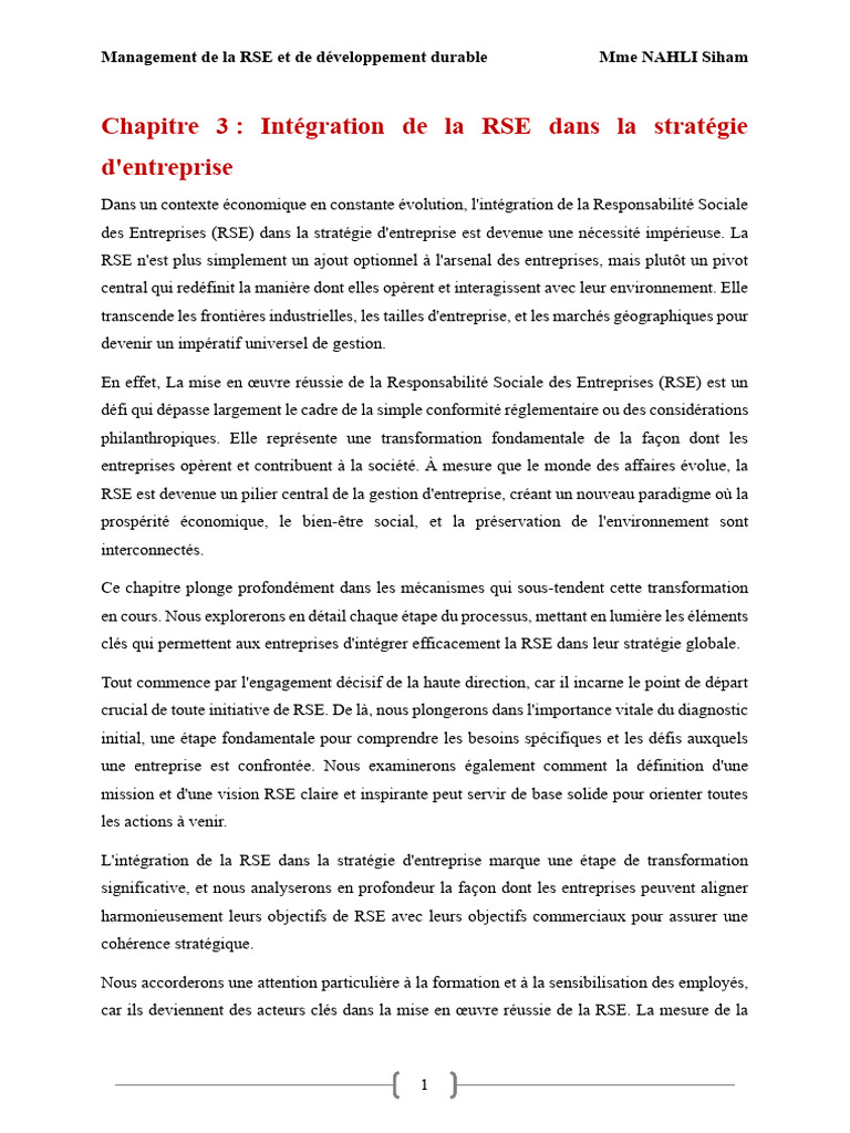 Intégration de la RSE en stratégie d'entreprise | PDF