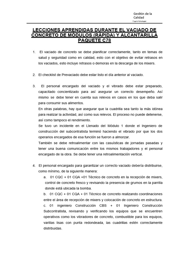 Lecciones Aprendidas en Vaciado de Concreto | PDF