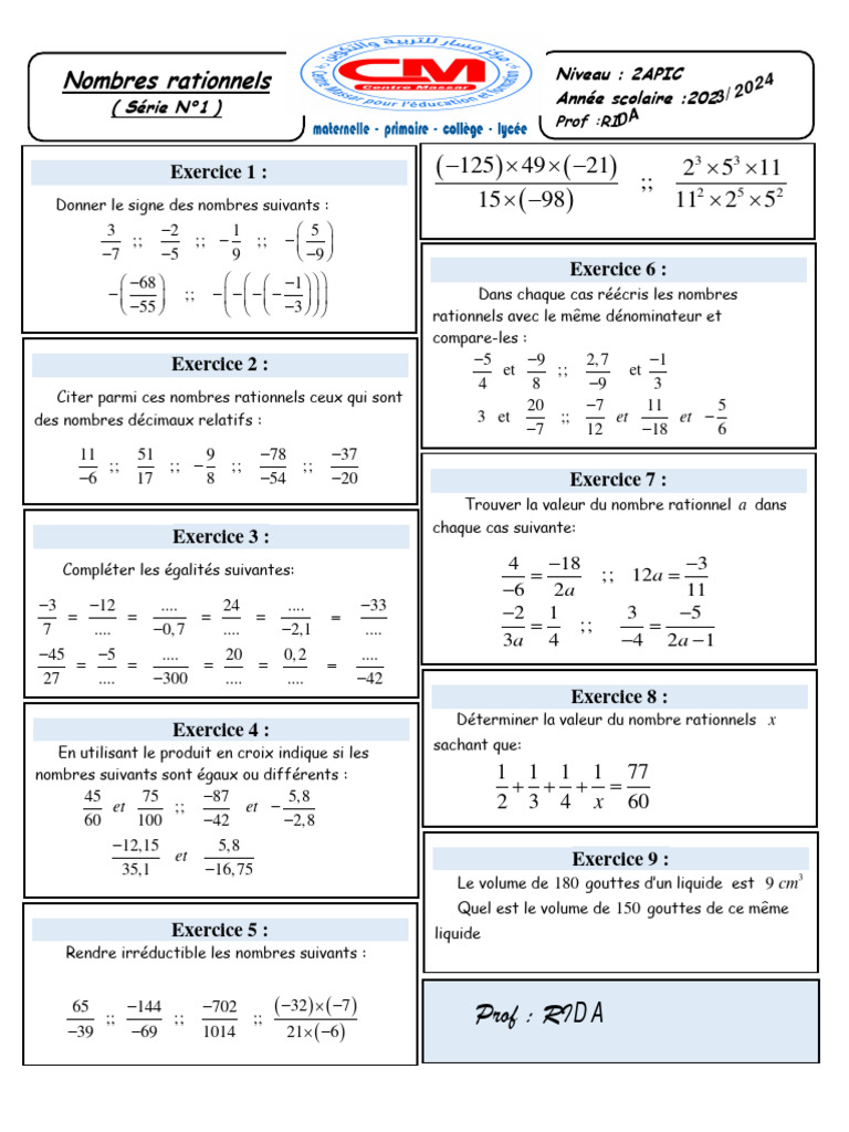 Exercices sur les Nombres Rationnels 2AC | PDF | Méthodes et références ...
