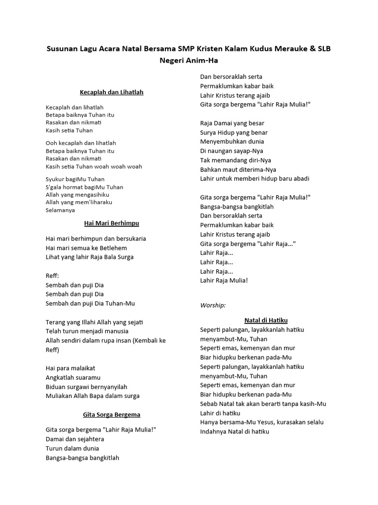 Susunan Lagu Acara Natal Bersama SMP Kristen Kalam Kudus Merauke | PDF