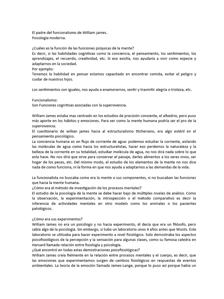 El Padre Del Funcionalismo de William James | PDF | Las emociones | Mente