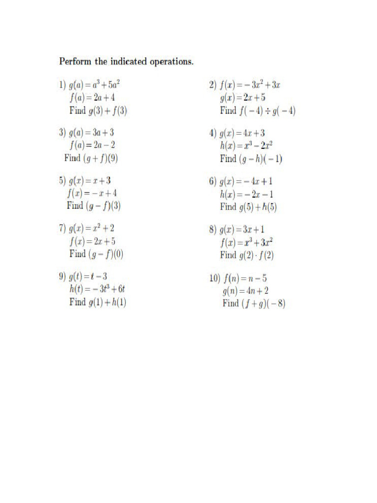 operations on function worksheet | PDF