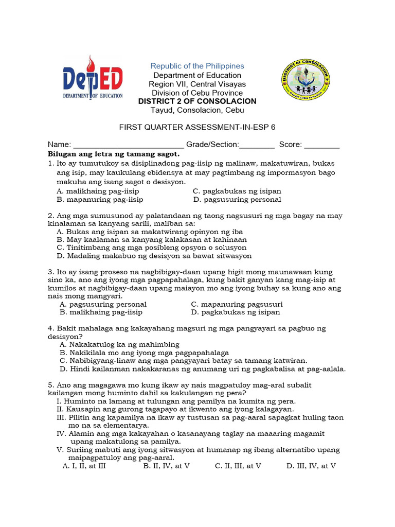 District - 1ST Quarter Summative Test - Esp 6 | PDF