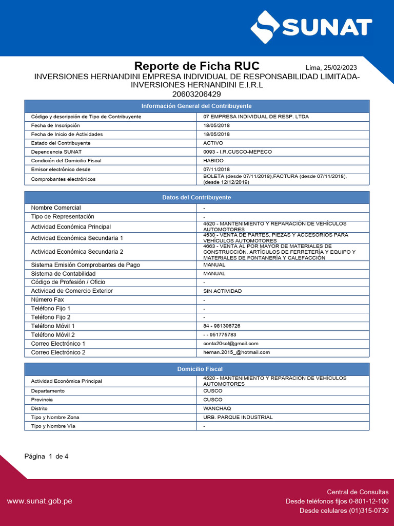 Ficha RUC: Inversiones Hernandini E.I.R.L. | PDF