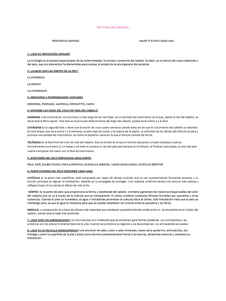 Respuestas de Test Final de Modulo I | PDF | Sistema tegumentario ...