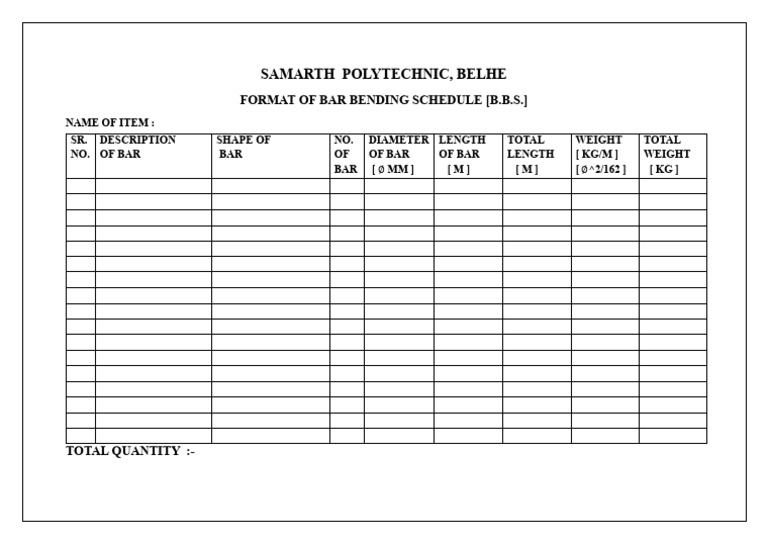 Format of Bar Bending Schedule | PDF