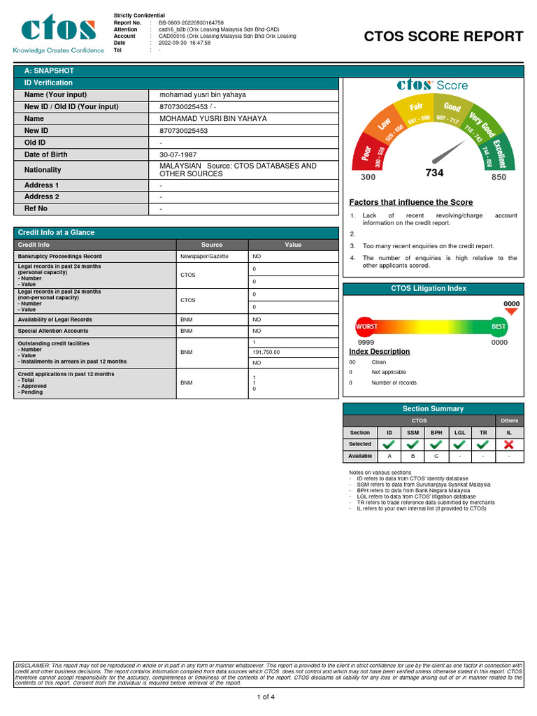 CTOS Score Report Overview | PDF | Credit | Finance & Money Management