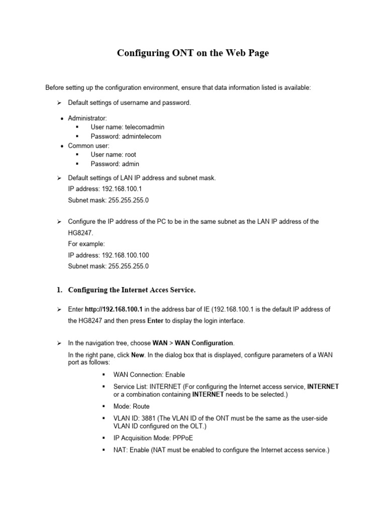 ONT Configuration for Internet and VoIP | PDF