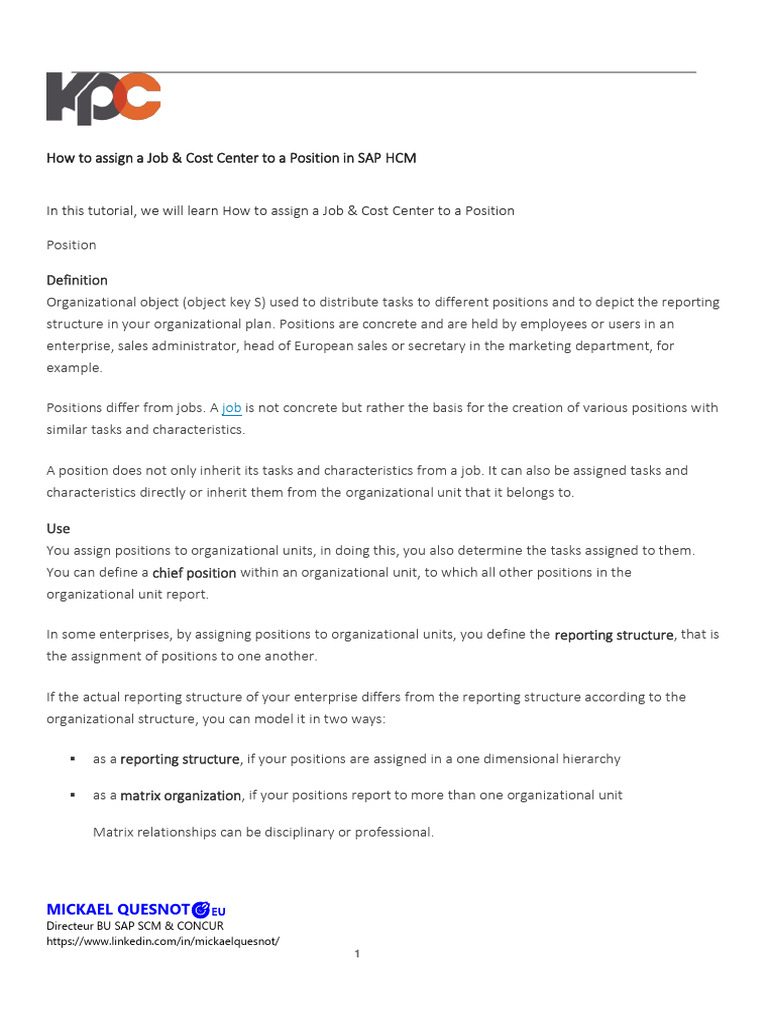 How To Assign A Job & Cost Center To A Position in SAP Download Free