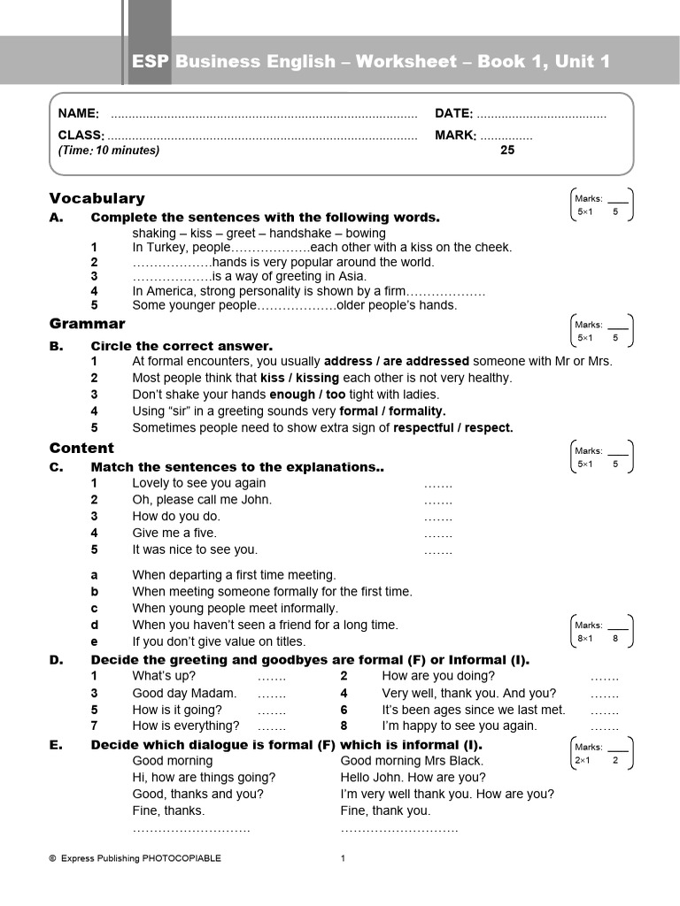 ESP Business English - Worksheet - Book 1, Unit 1 | Download Free PDF ...