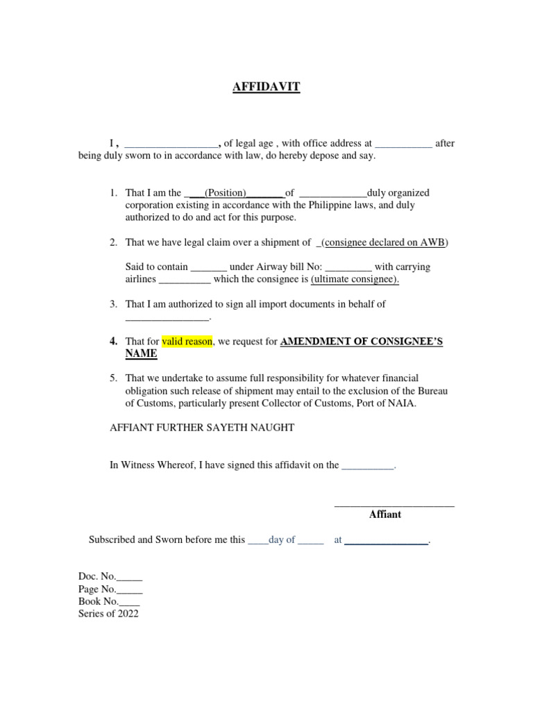 Amendment affidavit of undertaking pdf
