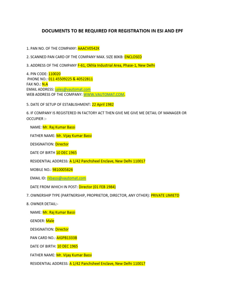 ESI and EPF Registration Document Checklist | PDF