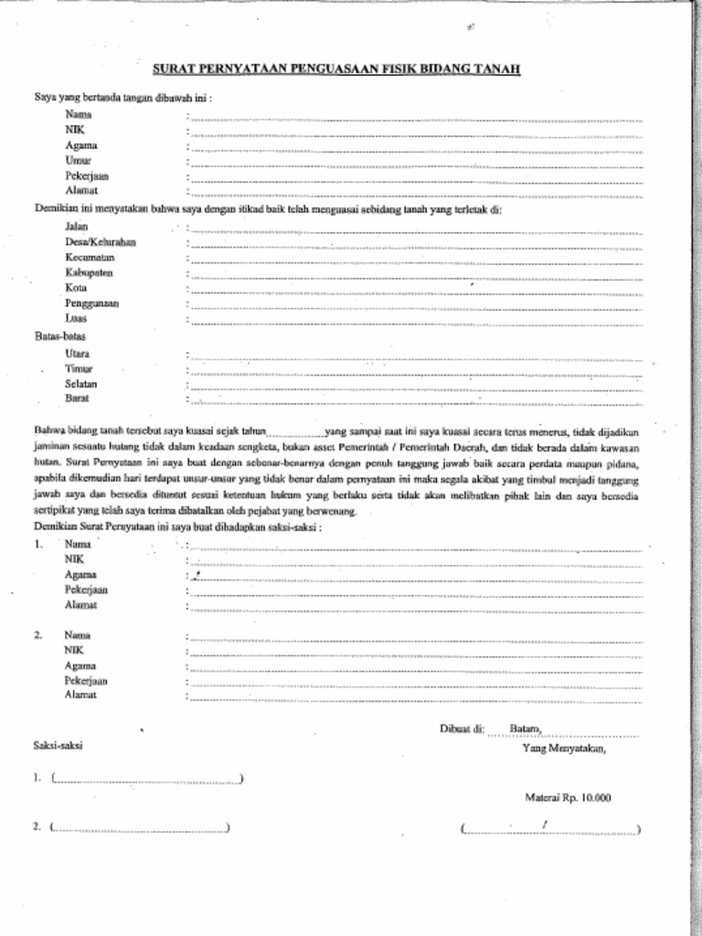 Surat Pernyataan Penguasaan Fisik Bidang Tanah | PDF