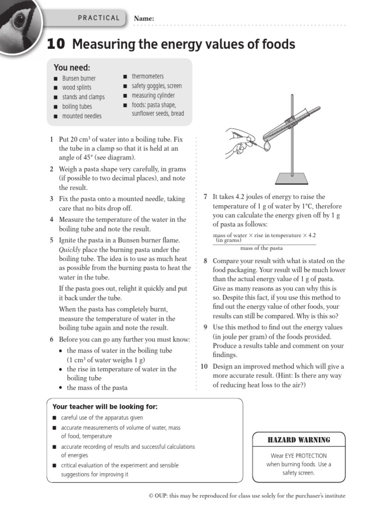 Measuring Food Energy Values Experiment | PDF | Water | Heat
