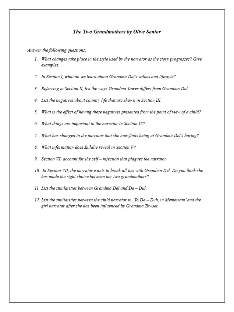 The Two Grandmothers by Olive Senior Questions | PDF