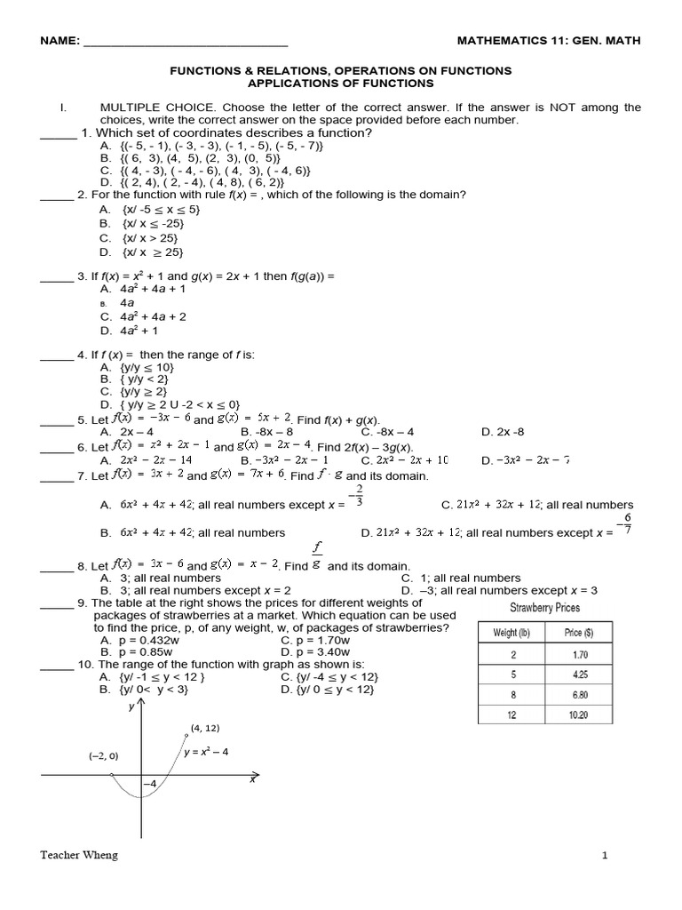 Functions and Relations Practice Test | PDF | Function (Mathematics ...
