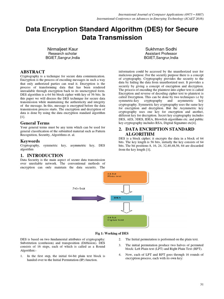DES Algorithm for Secure Data Transmission | PDF