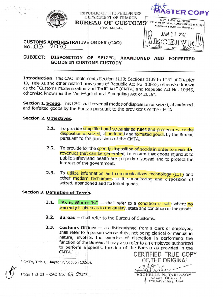CAO 03-2020-Disposition of Seized Abandoned Goods | PDF