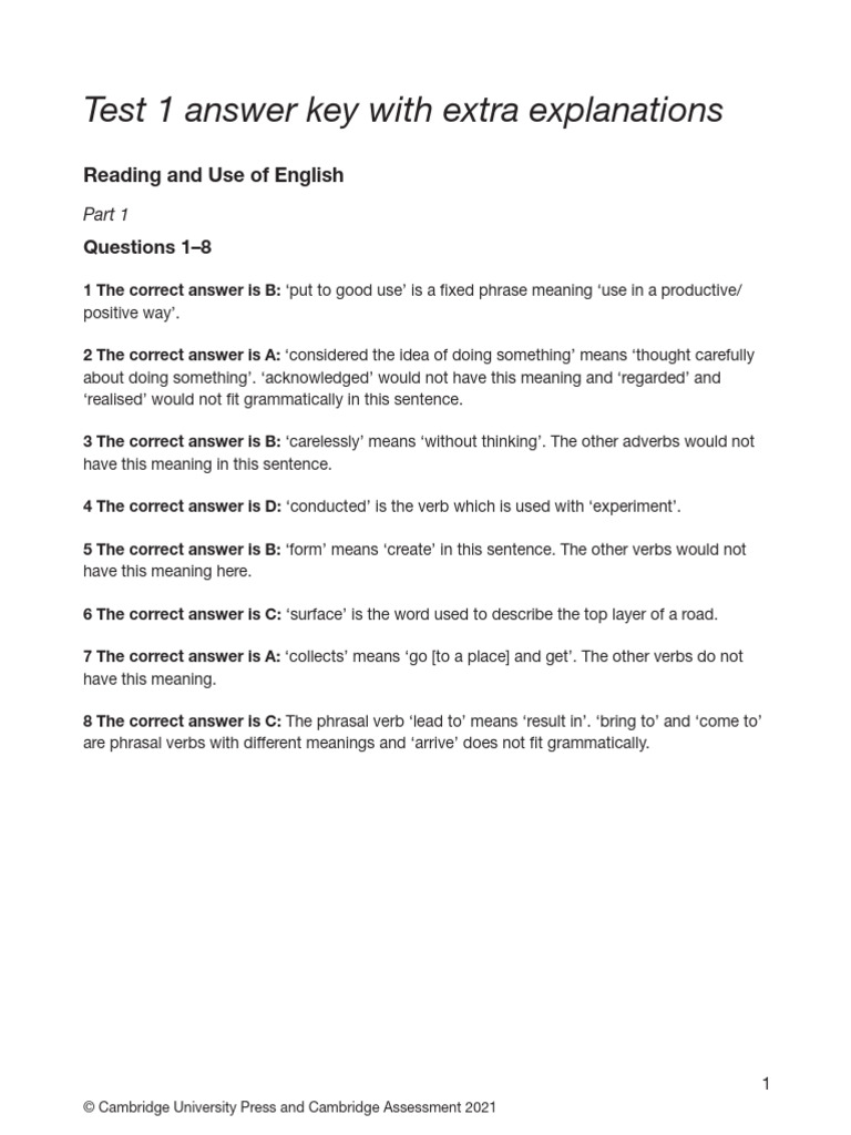 B2 First For Schools 4, Test 1 Answer Key, Reading and Use of English ...