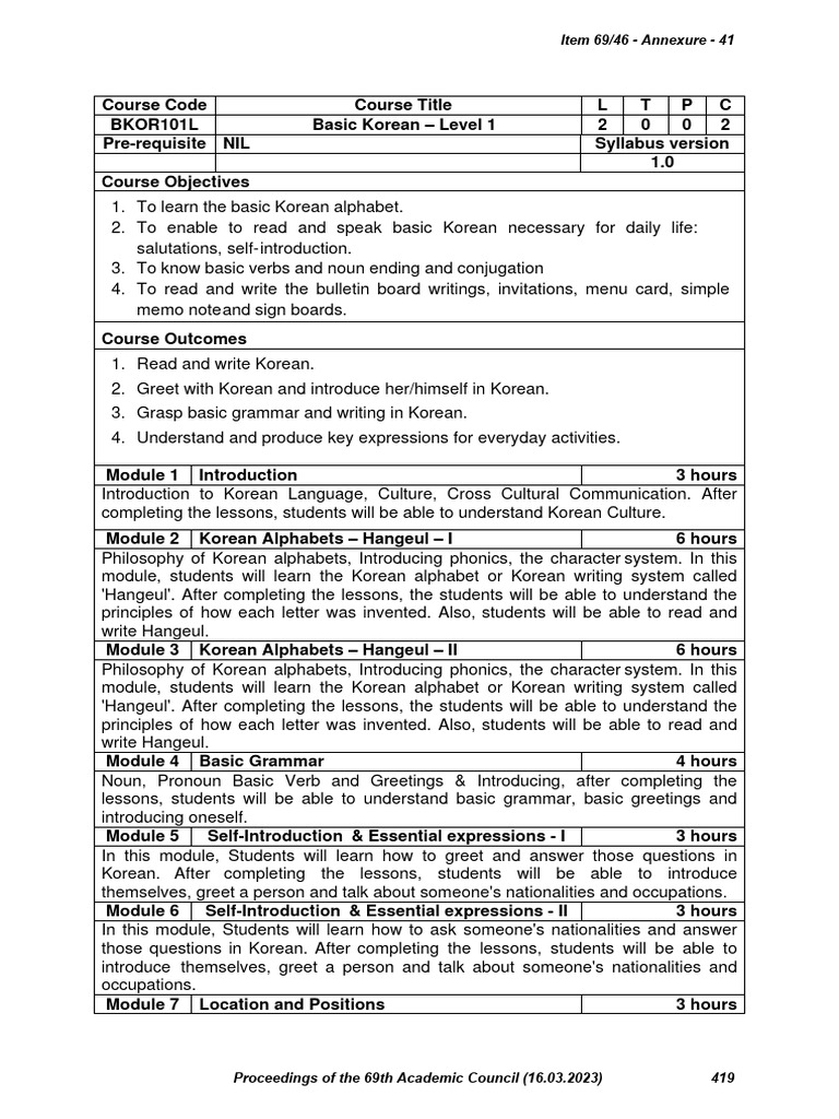 Basic Korean Level 1 Course Syllabus | PDF
