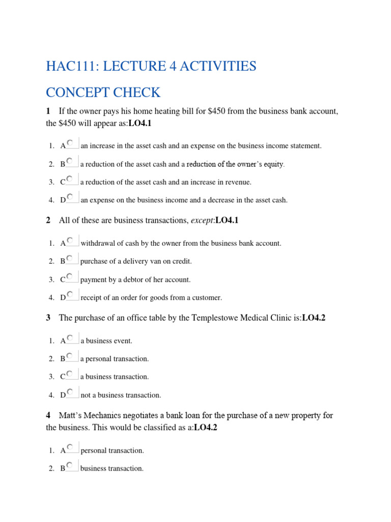 Lecture 4 Activities Chapter 4 Business Transactions | PDF