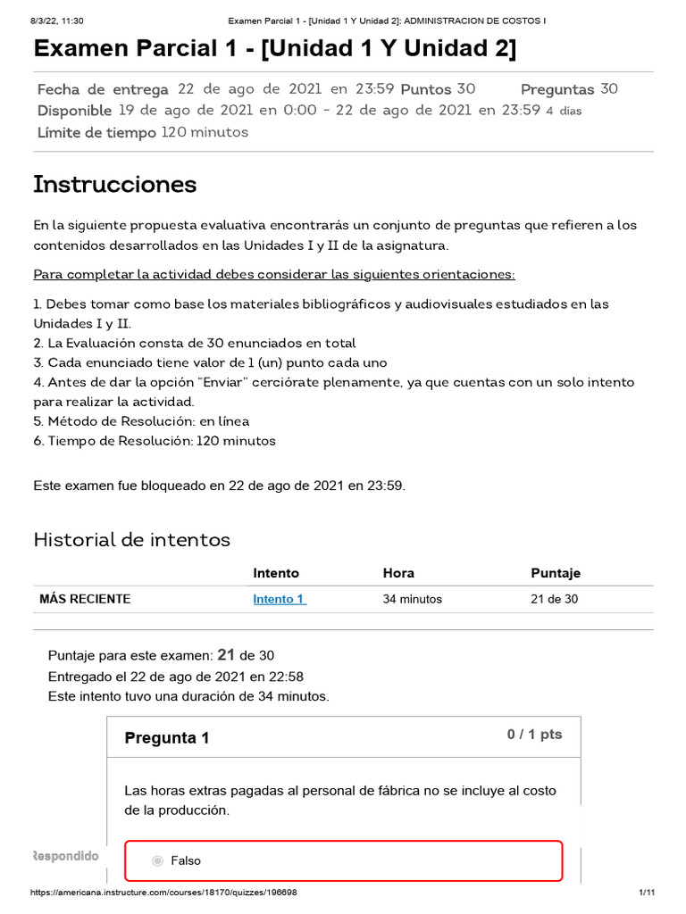 Examen Parcial 1 - (Unidad 1 Y Unidad 2) - ADMINISTRACION DE COSTOS I | PDF