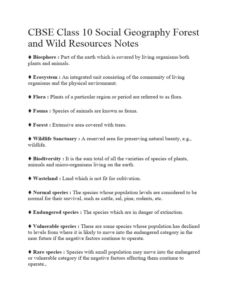 CBSE Class 10 Social Geography Forest and Wild Resources Notes | PDF