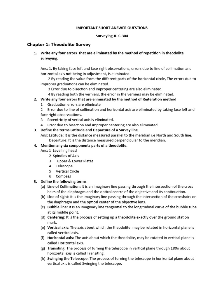 Surveying Ii C 304 Ch1 Important Questions Pdf