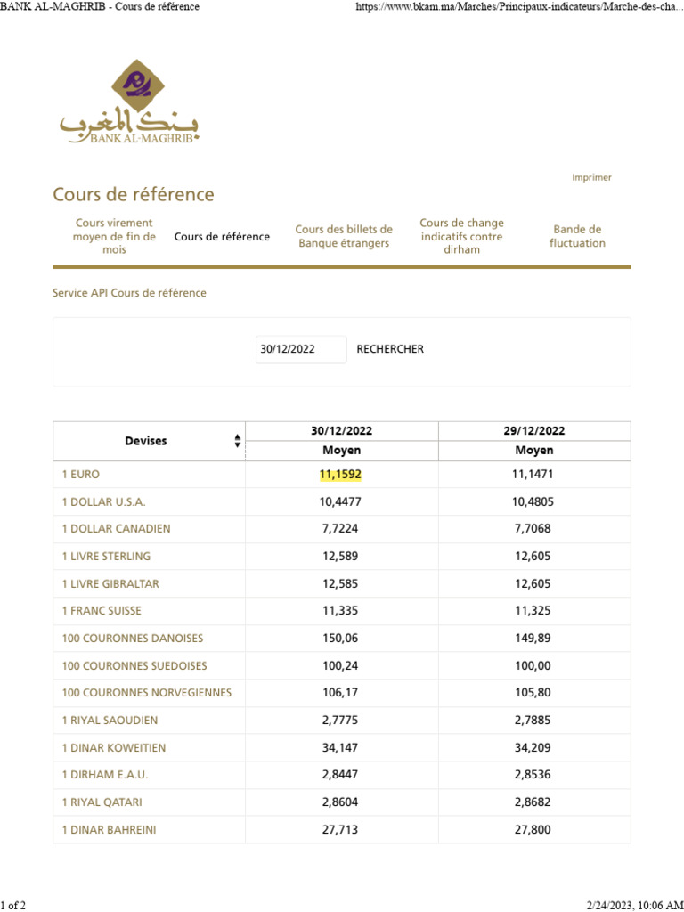 BANK AL-MAGHRIB - Cours de Référence | PDF | Devises | Forex